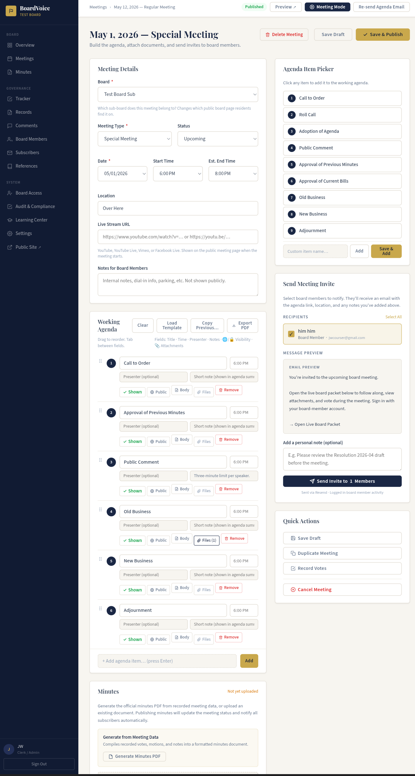 BoardVoice admin meeting editor — agenda builder, board invite panel, and minutes hub